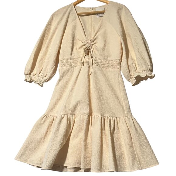 Prose & Poetry Rony Tiered Mini Dress Womens M Cream Puffy Sleeves Cinched Waist - Picture 2 of 8